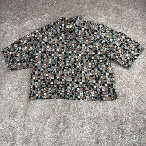 Vtg Geometric Squares Button-Up Cropped Shirt Size M Short Sleeve Retro Artsy - Picture 1 of 4